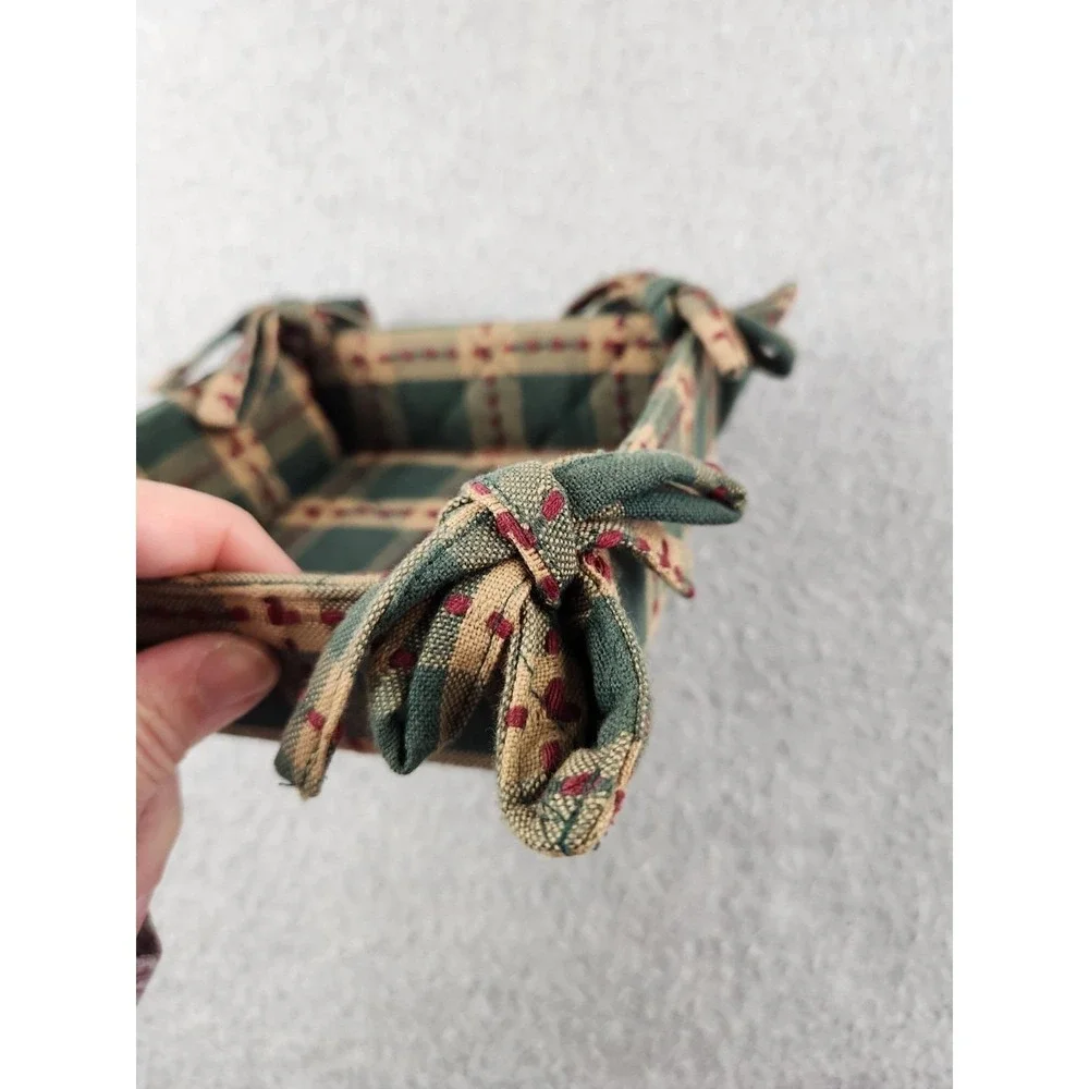 Farmhouse Country Fabric Cloth Bread Basket Side Ties Square Green & Red Plaid